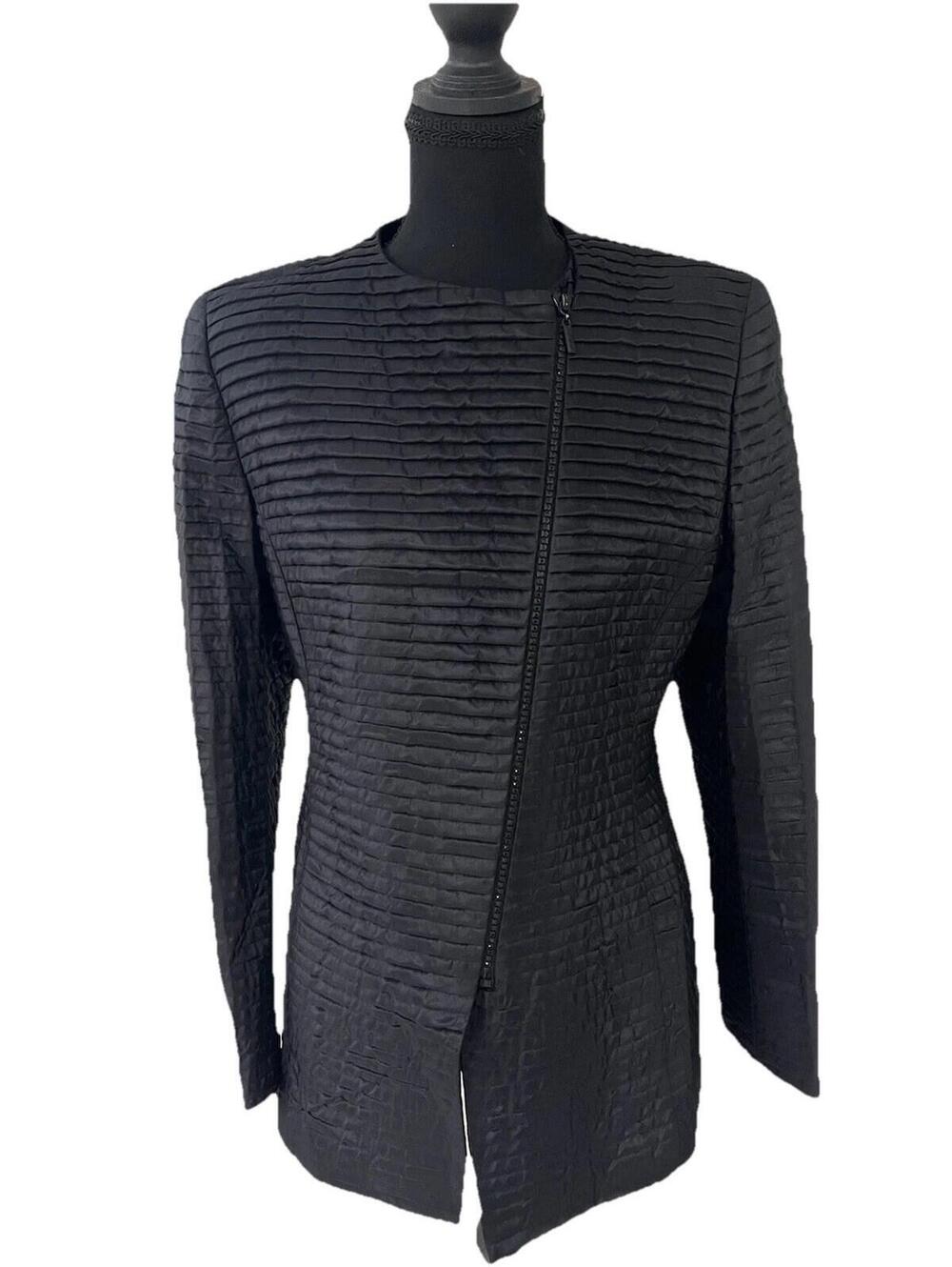 AKRIS Punto US 10 Black Silk Blend Textured Jacket Asymmetrical Zip Italy Luxury
